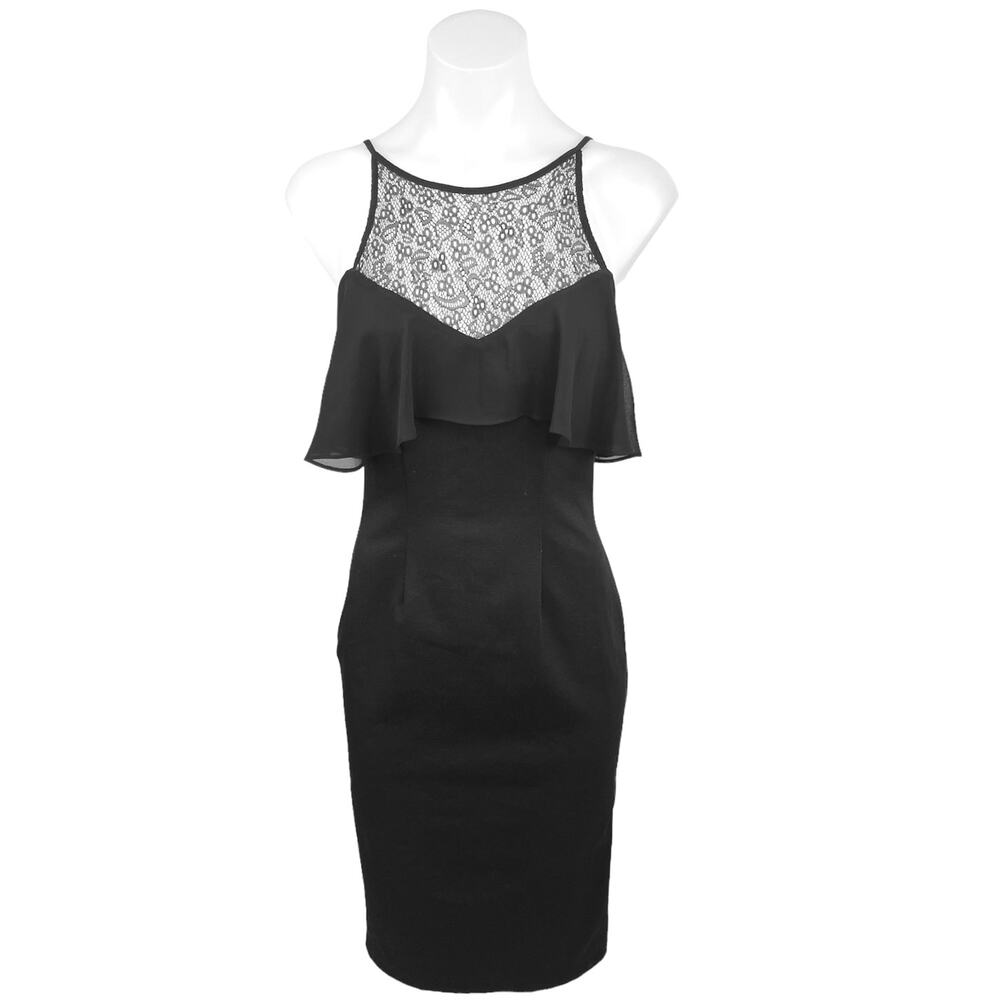 BCBGeneration Black Lace Mesh Layered Ruffle Sleeveless Mini Sheath Dress Size 4
